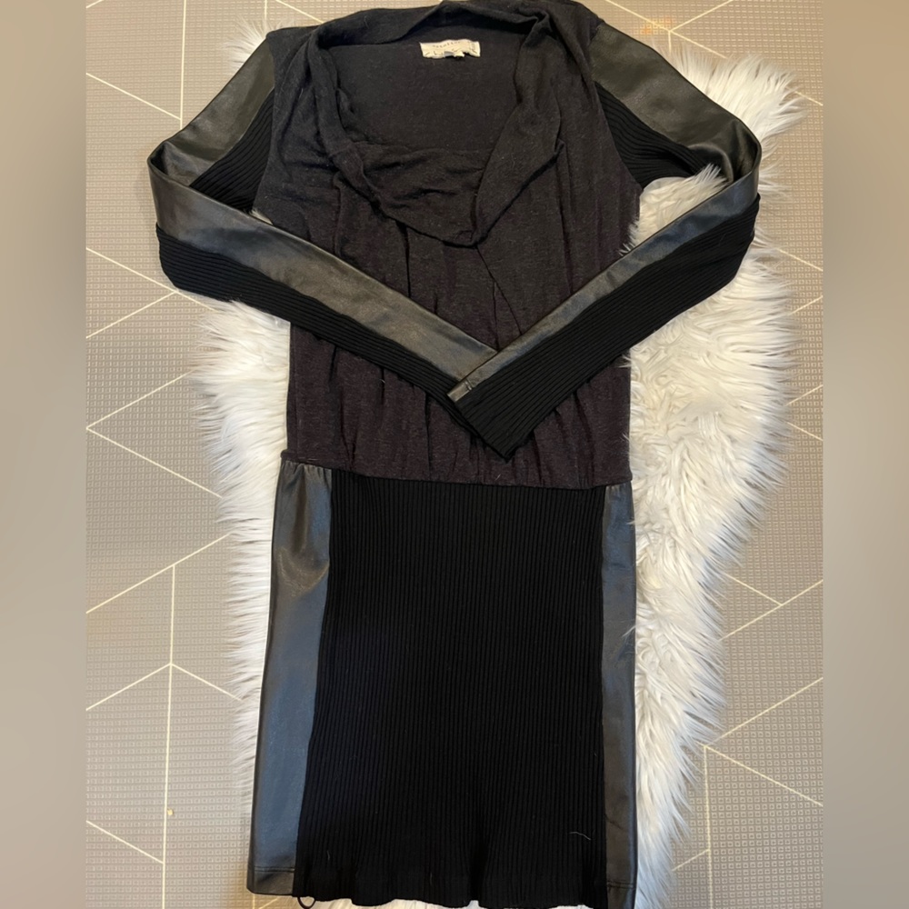 Nicole Miller Artelier Black Leather Paneled Ribbed Knit Dress